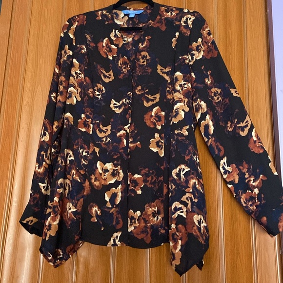 Simply Vera Vera Wang Tops - Simply Vera Vera Wang Asymmetrical Black and Brown Mandarin Collar Blouse Size L